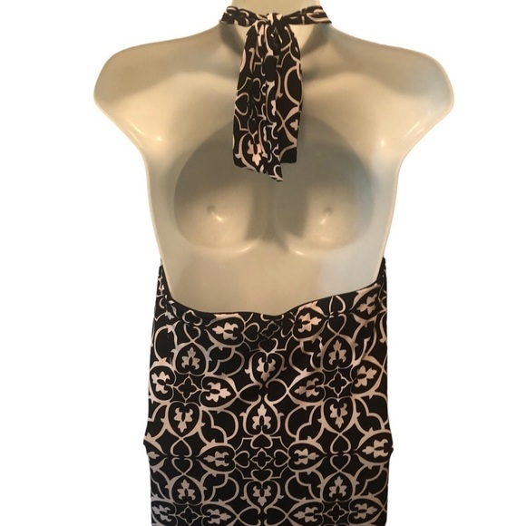 Y2K WHBM Keyhole Halter Top Maxi Dress M Black White Damask Print Slinky Summer - Picture 7 of 8
